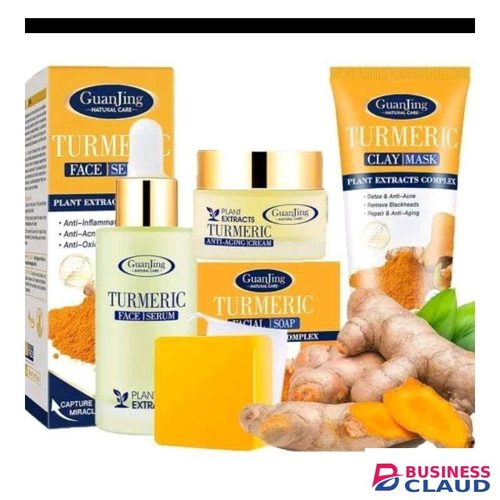 Guangin 4in1 Turmeric Skincare Set Clay Mask & Turmeric Soap, Serum & Face Cream,Reduce Acne & Blackhead,Deep Nourishing for Dry Skin