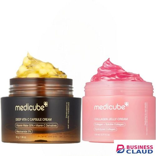 Medicube Deep Vita C Capsule Cream + Collagen Jelly Cream With Niacinamide & Squalane. Moisturizes, Removes Acne Marks, Dark Spots, Hyperpigmentatios, Acne, Wrinkles, Brightens, Evens, Firms, Improve Elasticity & Give A Glass Glow