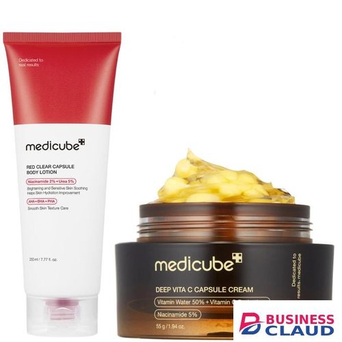 Medicube Red Clear Capsule Body Lotion with Niacinamide + Deep Vita C Capsule Cream with Niacinamide & Alpha arbutin. Moisturizes, Fade Dark Spots, Pigmentations, Acne Marks, Blemishes, Brightens, Evens, Firms, Improve Elasticity & give a Glass Glow