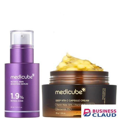 Medicube Retinol Face Serum + Deep Vita C Capsule Cream With Niacinamide & Apha Arbutin. Moisturizes, Gives a glass skin glow, Prevent skin sagging, Smooths Wrinkles, Fine Lines, Firms, Minimizes Pores, Removes Dark Spots, Acne Marks, Blackheads, Soften