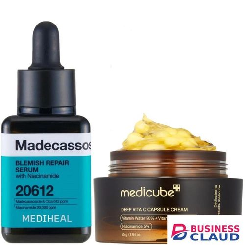 MEDIHEAL Madecassoside Blemish Repair Serum with Niacinamide + Medicube Deep Vita C Capsule Cream. Fades pigmentation, Dark Spots, Acne Marks, Freckles, Blemishes, Calms Acne, Redness, Irritations, Brightens, Moisturizes, Evens, Smoothen, Give a glass ski