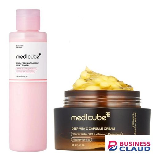 Medicube Deep Vita C Capsule Cream With Niacinamide & Apha Arbutin + PDRN Pink Niacinamide Milky Toner. Moisturizes, Fade Dark Spots, Pigmentations, Acne Marks, Wrinkles, Blemishes, Brightens, Evens, Firms, Calms Redness, Improve Elasticity & Give A Glass