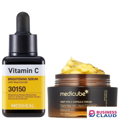 MEDIHEAL Vitamin C Brightening Serum with Niacinamide + Medicube Deep Vita C Capsule Cream. Moisturizes, Gives a glass skin glow, Removes Dark Spots, Pigmentation, Acne Marks, Skin Dullness, Boost collagen production, Elasticity, Evens & Firms the skin