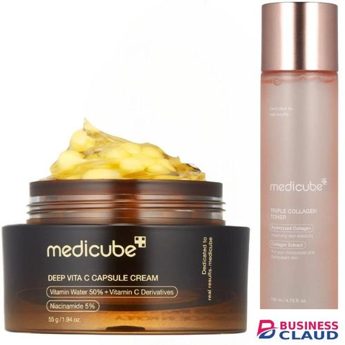 Medicube Deep Vita C Capsule Cream + Triple Collagen Toner. Moisturizes, Improves Elasticity, Fade Dark Spots, Pigmentations, Acne Marks, Blemishes, Makes Skin Transparent, Gives A Glass Skin Glow, Smooths, Firms & Evens
