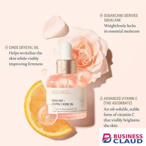 Biossance Squalane + Vitamin C Rose Oil. Moisturizes, Brightens, Glows, Smooths, Remove Discolorations, Dullness, Firms the skin, Evens the skin tone and improve elasticity