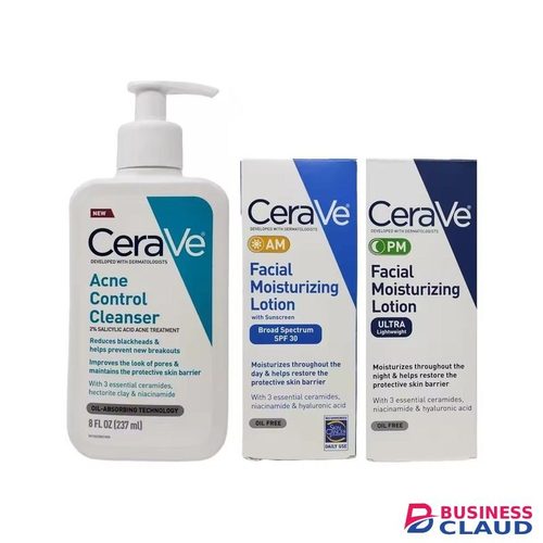 Ceravee Acne Control Cleanser + AM SPF 30 Day Moisturizer 89ml + PM Night Moisturizer 89ml – Complete Daily Skincare Set for Acne-Prone, Oily & Sensitive Skin – Clears Breakouts, Hydrates & Restores Skin Barrier