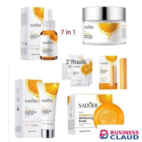 SADOER 7 in 1 Vitamin C Skin Care Set, Skincare Routine Set, Facial Skin Care Products, Skincare Gift Set with Serum, Soap, Cleanser, Cream, lipbalm and 2 Mask, Anti-Aging Skin Care Kit for Firming & Hydrating