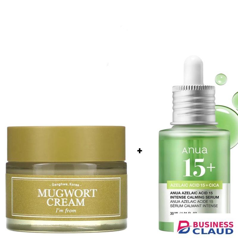 I'm From Mugwort Face Cream + Anua Azelaic Acid 15 + Cica Intense calming Serum. Treats Acne, Soothes & Calms Redness, Irritation, Even the skin tone, Brightens, Hydrates, Clears Hyperpigmentation, Inflammatory Marks, Rashes, & Detoxifies
