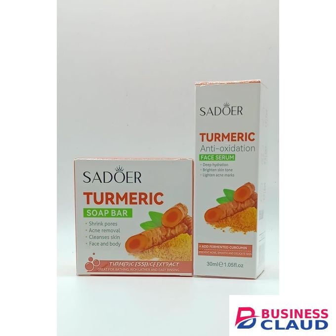 SADOER 2 in 1, Turmeric Serum + Turmeric Soap Bar for Pore Shrinking, Dark Spots, Anti Acne & Moisturizing Tumeric Combo