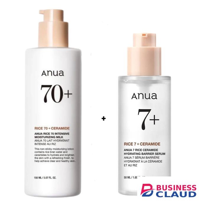 Anua Rice 70+ Ceramide Intensive Moisturizing Milk Lotion + Rice 70+ Hydrating Barrier Serum with Niacinamide. Deeply Moisturizes, Glows, Brightens, Softens, Gently exfoliates, Soothes Acne, Redness, Irritation, Balances Sebum, Evens, Clarifies, Fade acne
