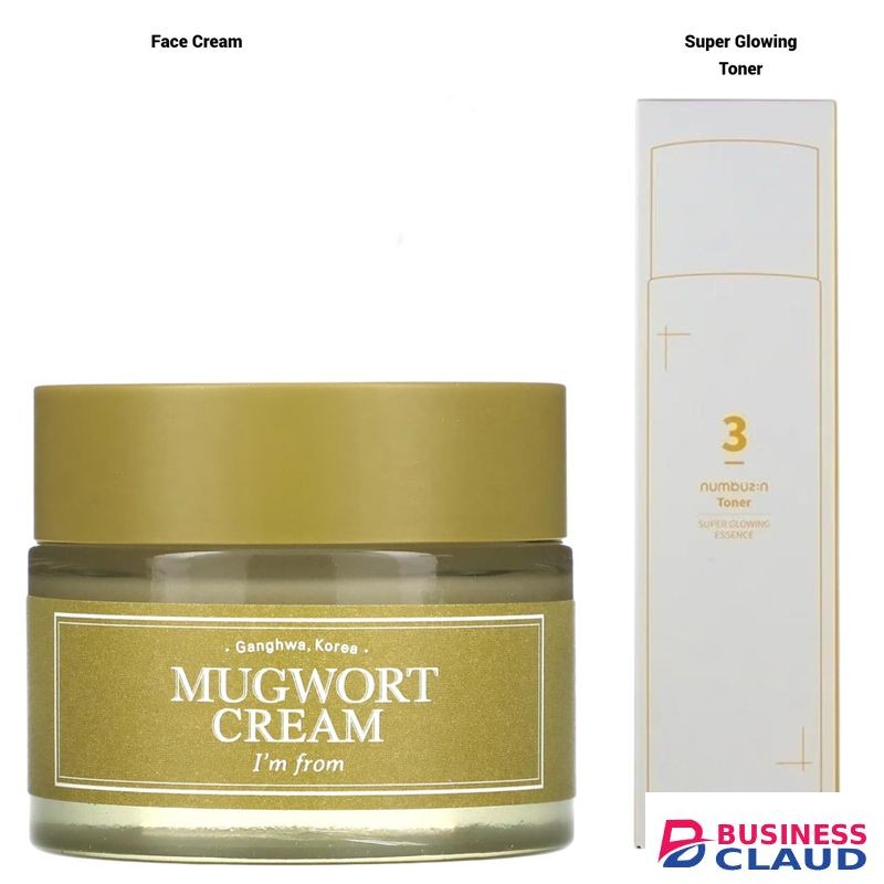 Numbuzin Super Glowing Essence Toner With Niacinamide + I'm From Mugwort Face Cream. Moisturizes, Brightens, Glows, Improve Elasticity, Firms, Removes Dullness, Wrinkles, Fine Lines, Itching, Rashes, Soothes Acne, Smooths, Evens, Makes Skin Young