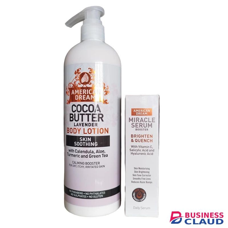 American Dream Cocoa Butter Lavender, Turmeric & Green Tea Body Lotion + Salicylic Acid & Vitamin C Bright & Quench Face Serum. Removes Wrinkles, Scars, Dark Spots, Acne, Brightens & Moisturizes
