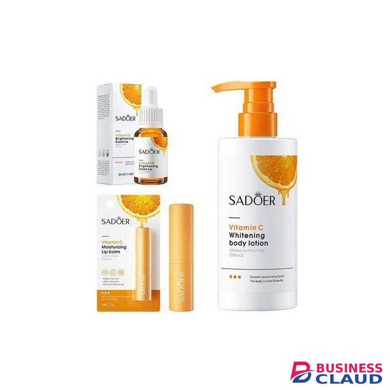SADOER 3-in-1 Vitamin C Skincare set with vitamin c hydrating & whitening body Lotion, vitamin c Essence for Brightening, & Lip Balm for Nourishing Lip Care