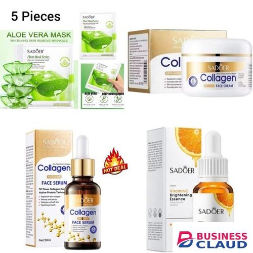 SADOER Quality 8 Pieces Anti Aging Collagen Set + Vitamin C Face Brightening Essence, 5 Pieces Aloe Face Mask + Collagen Cream+ Collagen Serum + Vitamin C Serum