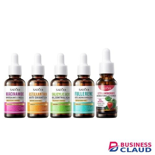 SADOER 5 in 1 Set Pack Anti Acnes Salicylic Acid Serum, Oil Control+Fullerene Anti Aging Rejuvenate Repair Essence+Strawberry Ageless Serum+ Astaxanthin Anti-Oxidation Deep Hydrating Face Serum+Niacinamide Face Brightening Essence Vitamin C compliment Ski