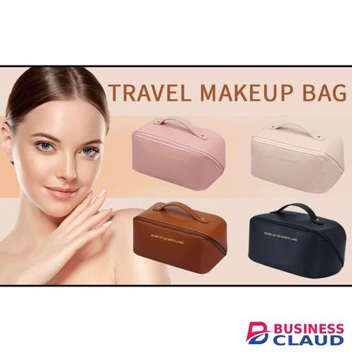 Large Capacity Makeup Bag Travel Cosmetic Bags for Women, Double Layered Cosmetic Bag with Handle and Dividers, Waterproof Portable Leather Makeup Bags