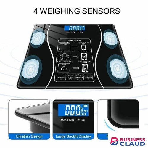 Bluetooth Smart BMI Weighing Scale with Body Fat, Water, and Health Tracking – USB Rechargeable Digital Fitness Scale for Home, Gym, and Weight Management (180kg Capacity, Toughened Glass)