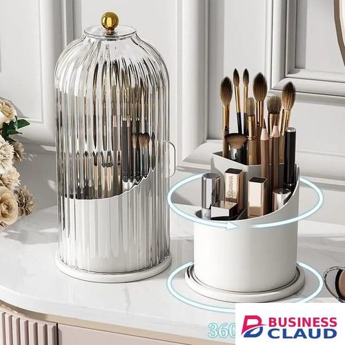 360 Degree Rotating Makeup Brushes Holder With Lid Luxury Cosmetic Organizer Storage Box For Lipsticks Eyebrow Pencils Eye Shadow And Other Beauty Essentials Elegant Design For Vanity And Travel