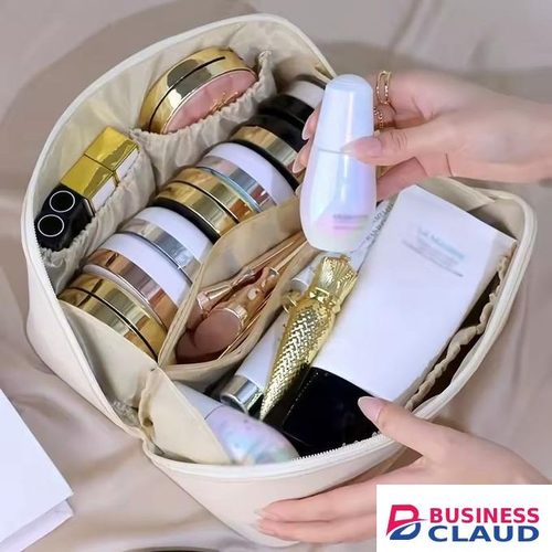 Large Capacity Makeup Bag Travel Cosmetic Bags for Women, Double Layered Cosmetic Bag with Handle and Dividers, Waterproof Portable Leather Makeup Bag