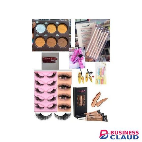 Full women Essential makeup kit set include-3pcs concealer, 5pcs Eyelashes, Mascara, Eyeliner, Eyebrow trimmer, Makeup setting spray, Makeup brushes set, 2pcs Lipstick, contour palette + FREE makeup BAG