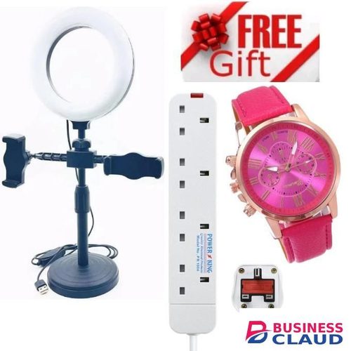 Professional USB Ring Light Kit – Perfect for Zoom Calls & Online Classes // Tripod Stand Ideal for TikTok Creators + BONUS 4-WAY POWER EXTENSION CABLE SOCKET & WATCH