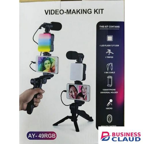 AY-49RGB Video-Making Kit – RGB LED Panel, Noise-Canceling Microphone, Tripod, Smartphone Mount, Bluetooth Remote, TikTok YouTube Instagram Content Creation
