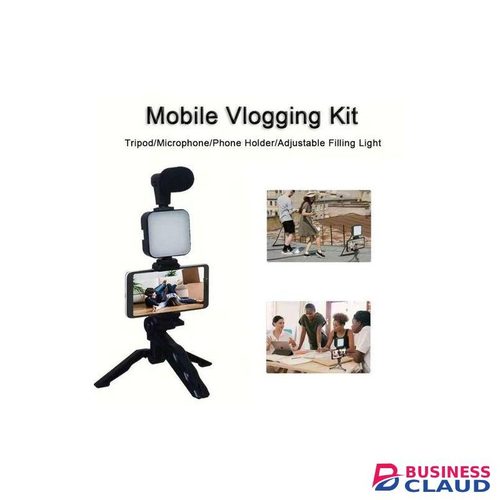 Camera Video Recording Vlogging Kit For Video Making, Mic, Mini Tripod Stand, LED Light & Phone Holder Clip For Making Videos Podcasting Black