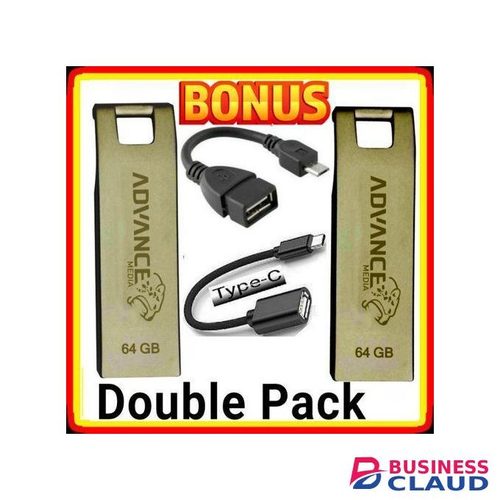 Advance Double Pack Metallic High Speed Performance USB Flash Drive Disk 64GB +2 Smartphone Micro OTG Cables Connect kit