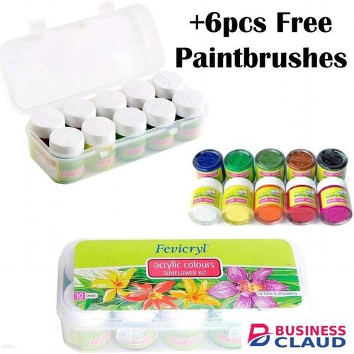 10pcs Fevicryl Acrylic Paint Colours + 6 Free Paintbrushes Sunflower Kit (10 Colours x 15 ml) DIY Paint, Rich Pigment, Non-Craking Paint for Canvas, Wood, Leather, Earthenware, Metal