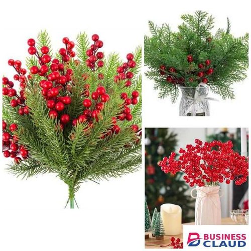20 Pieces Artificial Pine Branches Christmas Holly Berries Artificial Red Berry Stems for Christmas Wreath Decorations Xmas Tree Decoration