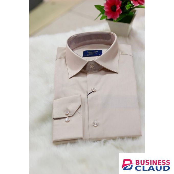 Slim Fit Mitered Cuffs Beige Men Shirt