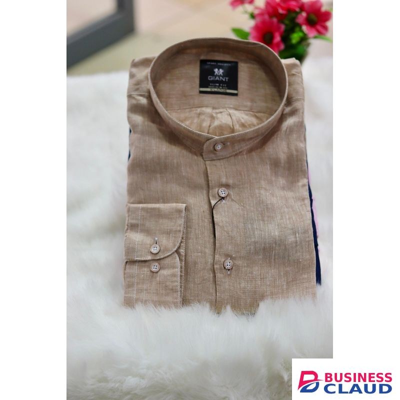 Linen Beige Band Collar Men Shirt
