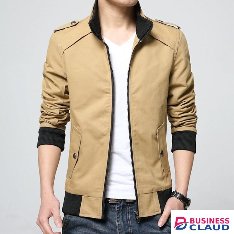 Beige Wind Breaker Collar Stand Bomber Jacket Without T-Shirt