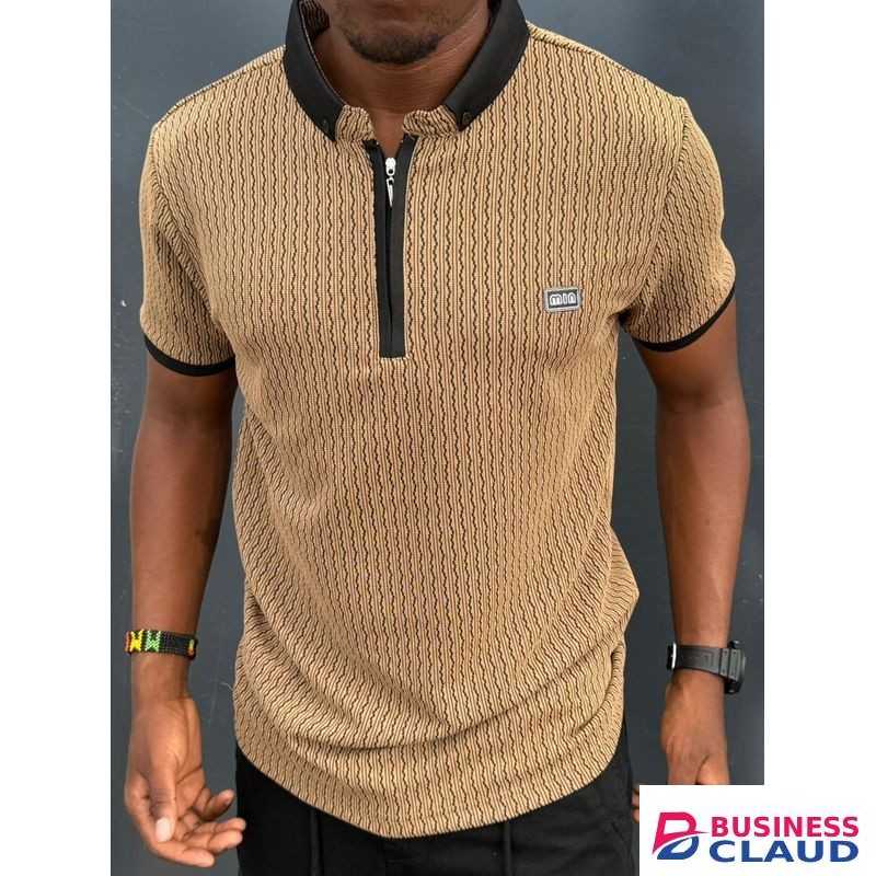 Beige and Black Patterned Quarter-Zip Polo Shirt
