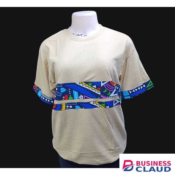 Fashion Design 100% Short Sleeves T-shirt With Ankara Decoration.