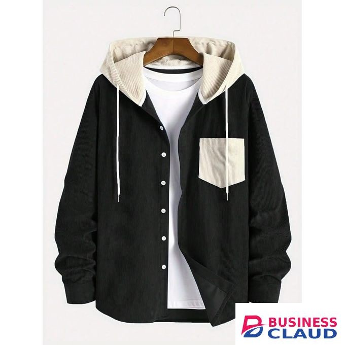 Heavy Corduroy Button-Up Shirt For Men With Contrast Hood And Pocket – Streetwear Style