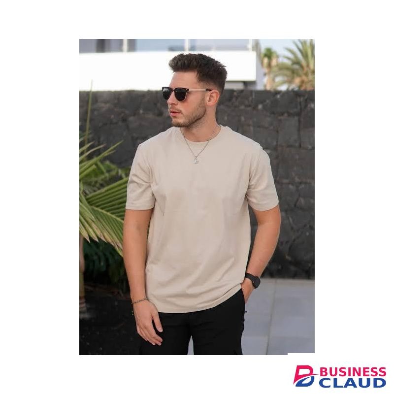 Casual Solid Round Neck Unisex Heavy Duty Cotton Beige Tshirt