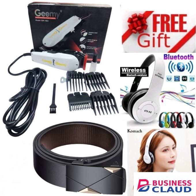 Geemy Professional Barber Shop Electric Hair Trimmer – Kinyozi Shaving Machine for Barbers Professionals & Salons + BONUS BLUETOOTH WIRELESS HEADPHONES & MEN'S LEATHER BELT