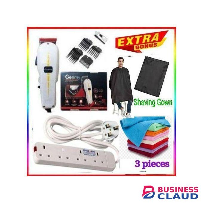 Geemy BARBER SHAVING MACHINE-KINYOZI + FREE 4 WAY POWER EXTENSION & FACE TOWELS – FOR BUSINESS + Shaving Gown
