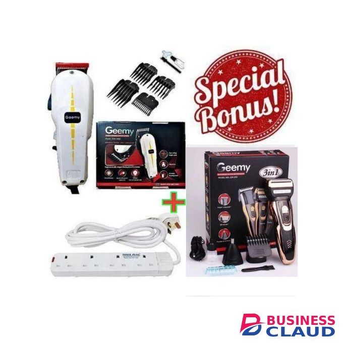 Geemy Good Professional Barbering Hair/Shaving Machine-Kinyozi & Best 4 Way Power Extension Cable & Rechargeable Smart 3 in 1 Hair Clipper/Trimmer With Smoother