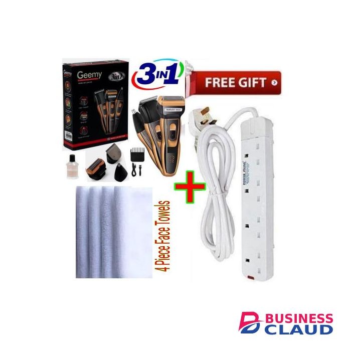 Geemy Best 3 in 1 Grooming Set Affordable Barber/Personal Shaving Machine-Kinyozi Rechargeable With it Charging Cable+ Free 4 Way Power Extension & Face Towels