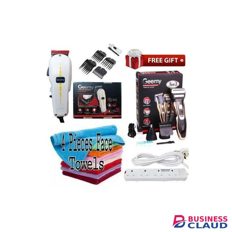 Geemy BEST SHAVING MACHINE // Electric Hair Trimmer Barbering Machine - Kinyozi + Free Professional 3 in 1 hair Clipper Wireless/Cordless & 4 Way Power Extension Cable & 4 Pieces Face Towel