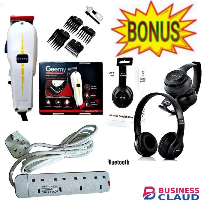 Geemy Durable Electric Hair Clipper - Kinyozi Built // Electric Trimmer - Kinyozi Professional Electric Hair Clipper - Kinyozi Edition HAIR - BEARD SHAVING MACHINE + EXTRA BONUS P47 BLUETOOYH WIRELESS HEADPHONES & HEAVY DUTY 4 WAY POWER EXTENSION CABLE SO
