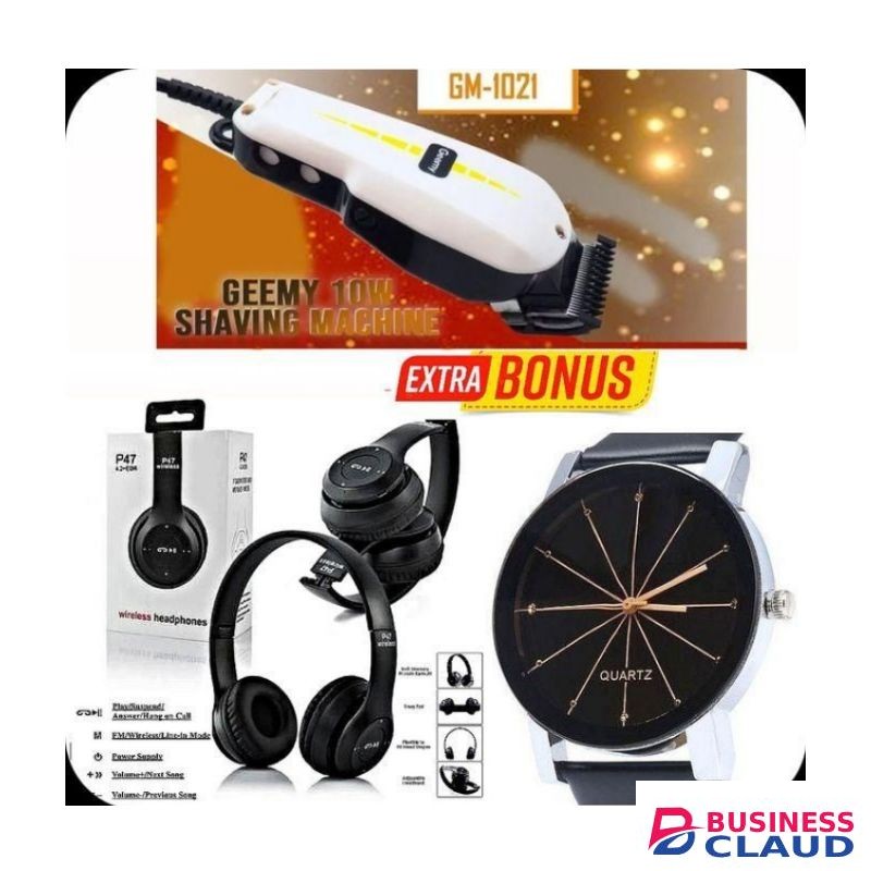 Geemy Electric Hair Shaver & Beard Trimmer Barbering Machine - Kinyozi Machine Shaver + EXTRA BONUS Bluetooth Wireless Headphones, Classic Wrist Watch
