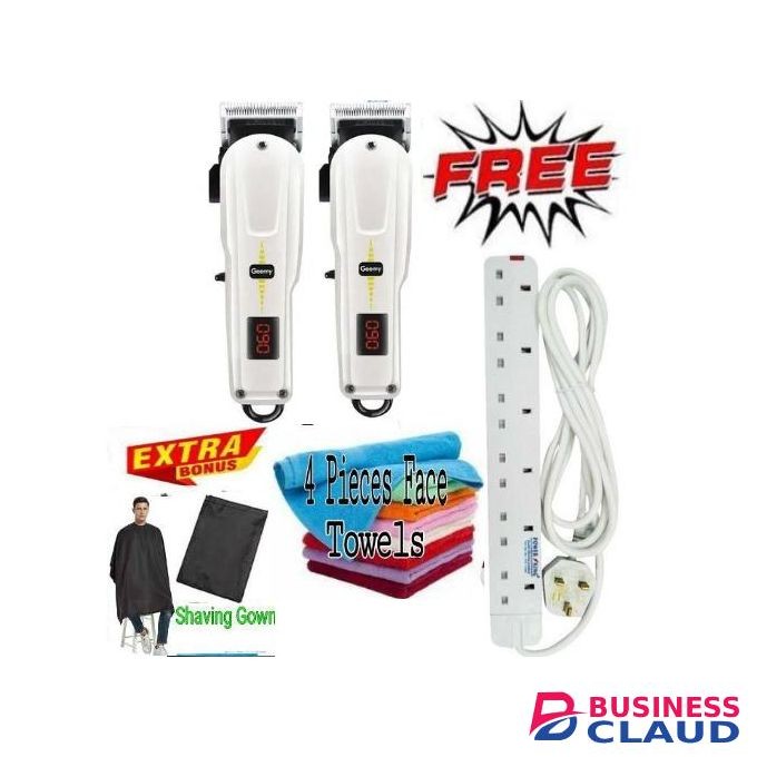Geemy 2 PCS Rechargeable Cordless Shaving Machine With Indicator + Bonus 6 Way Power Extension , 4 Face Towel & Hair Draper/Shaving Gown