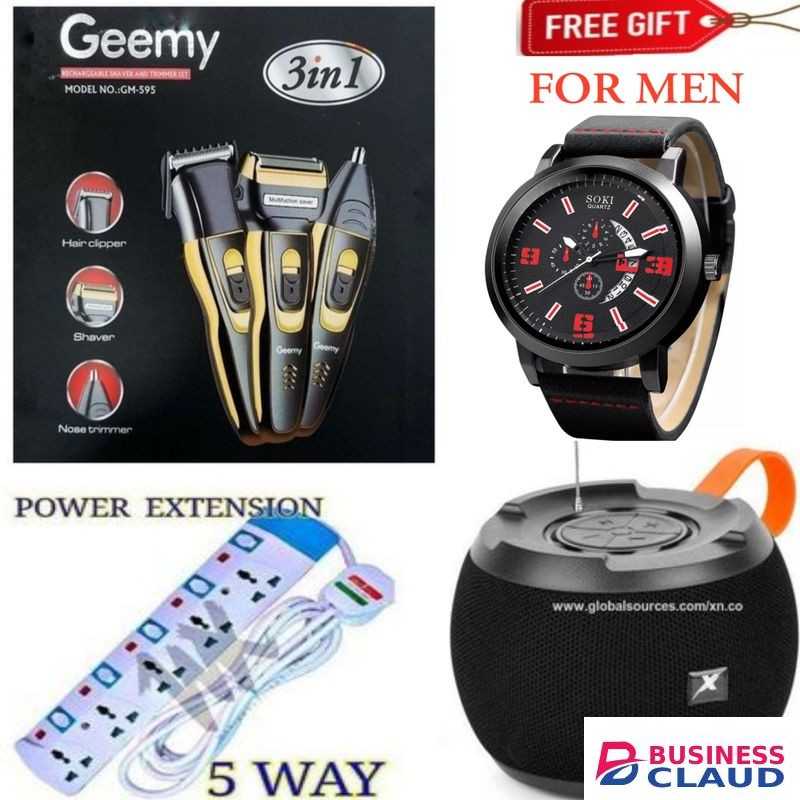 Geemy Rechargeable Hair Shaving Machine, Shaver- 3 In 1 // ELECTRIC SHAVING MACHINE FOR BUSINESS // SRECHARGEABLE SHAVING MACHINE-KINYOZI + C15 BEST SPEAKER / BLUETOOTH SPEAKER C15 +WATCH + HEA VY DUTY 5 WAY EXTENSION – BEST FOR BUSINESS & HOME GROOMING