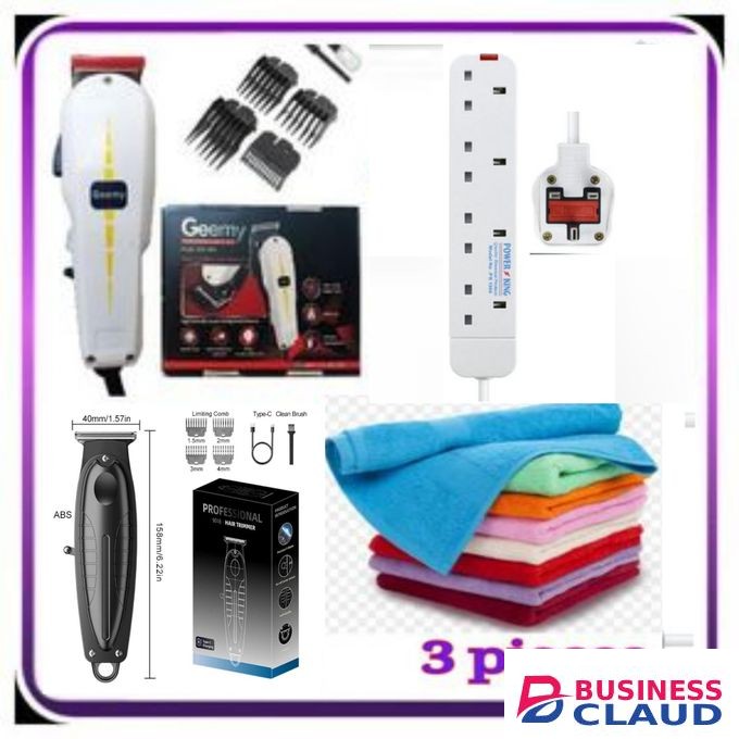 HAIR CUTTING MACHINE PROFESSIONAL HAIR CLIPPER FOR BARBERSHOP & HOME USE + FACE TOWEL + 4 WAY POWER EXTENSION + HAIR TRIMMER