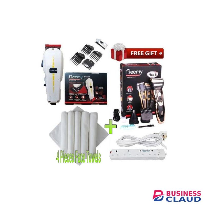 Geemy Professional Hair Shaving Machine-Kinyozi + Best 4 Way Power Extension Cable+4 Face Towels White + Cordless Smoother Clipper Cut nose trimmer