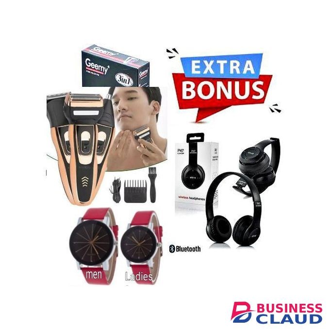Geemy BEST Rechargeable Hair Clipper, Shaver And Nose & EAR Trimmer Kit + VALUE GIFTS BLUETOOTH WIRELESS HEADPHONES & LADIES WRIST WATCH & MEN WATCH WITHOUT BRACELET