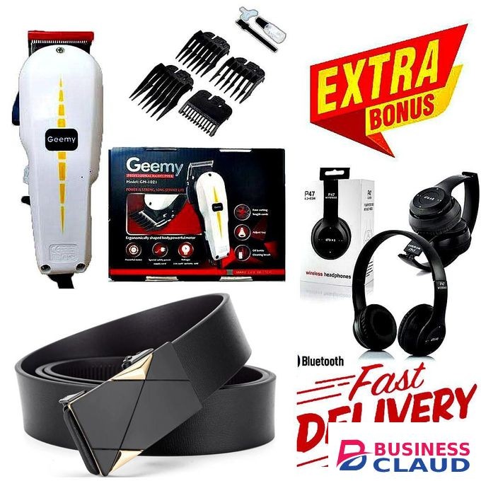 Geemy High Quality Electric Hair Clipper Barber Shop Electric Hair Clipper Barbering Machine – Kinyozi Shaving Machine + EXTRA BONUS BLUETOOTH WIRELESS HEADPHONES & Executive Style Men’s Belt – Black Leather for Office & Meetings
